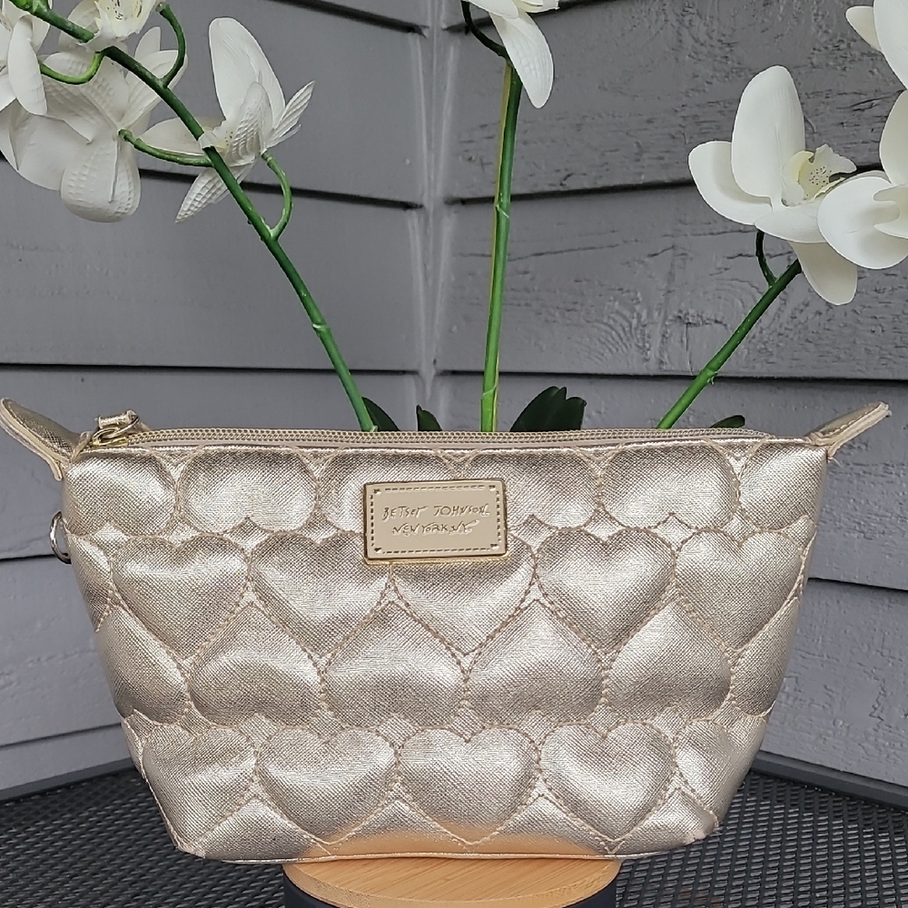 Betsey Johnson Gold Heart Quilted Cosmetic Bag